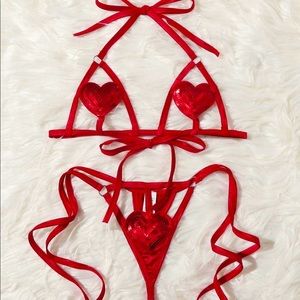RED SEQUIN HEART LINGERIE SET